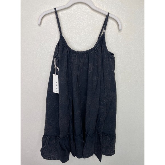 LACAUSA Medium Reina Mini Dress Black Mineral Wash Sleeveless Ruffle Hem New - Picture 10 of 15